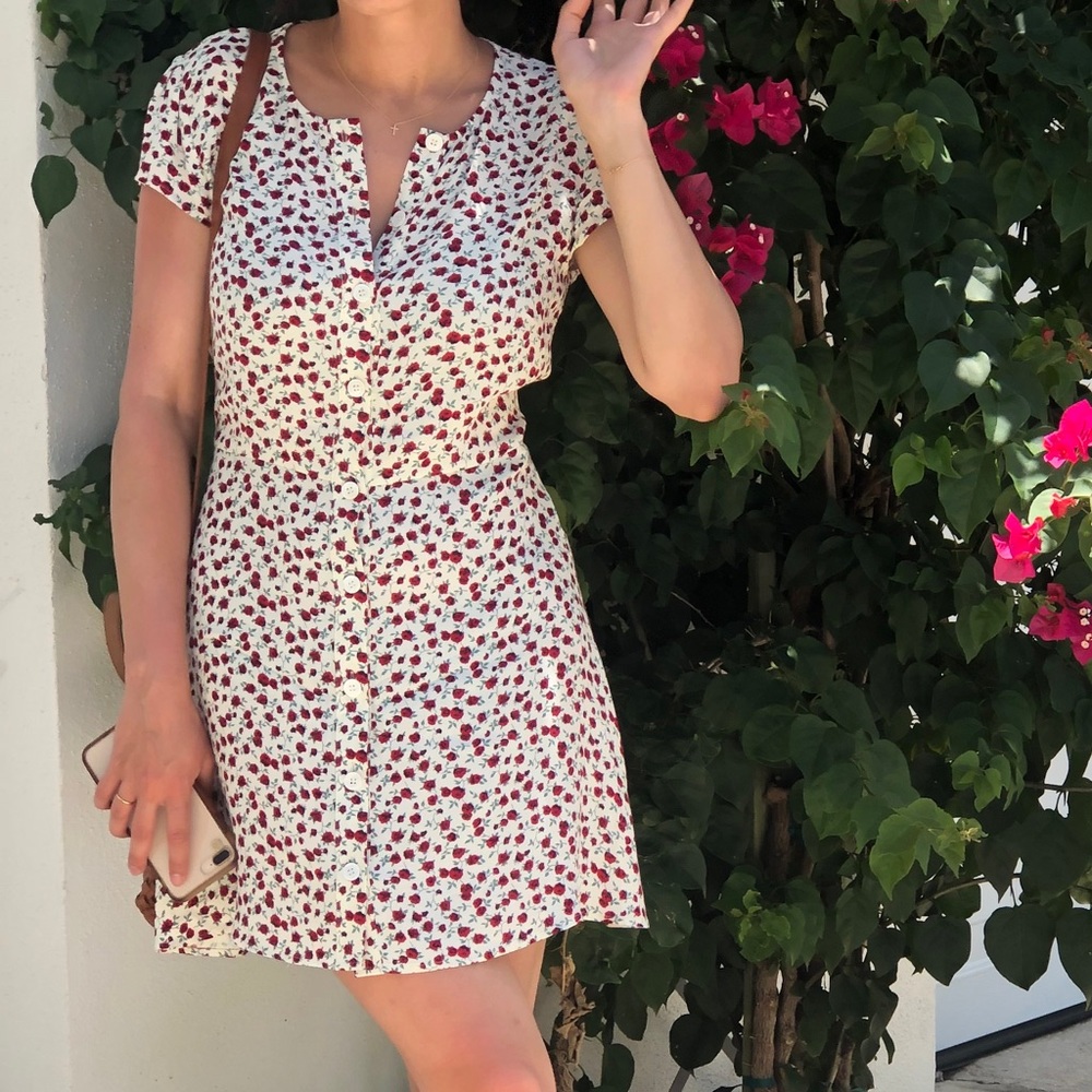 Reformation Vikki Dress Fit & Flare Red Roses Printed Button Down Size 8